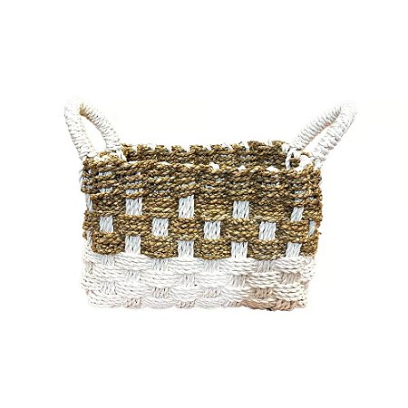 CESTA DECORATIVA RATTAN BALI RETANGULAR BRANCO E NATURAL