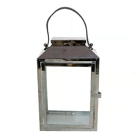 LANTERNA DECORATIVA CHINA ALUMINIO E VIDRO QUADRADO COM ALCA E COURO GRAFITE