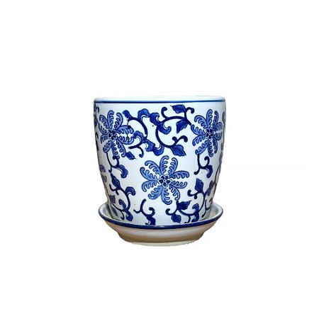 CACHEPOT PORCELANA AZUL E BRANCA FLOR CELESTIAL D16XA17CM