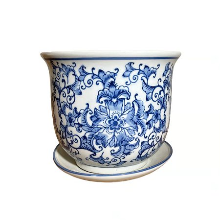 CACHEPOT PORCELANA AZUL E BRANCA FLORES DA ALVORADA D19XA17CM