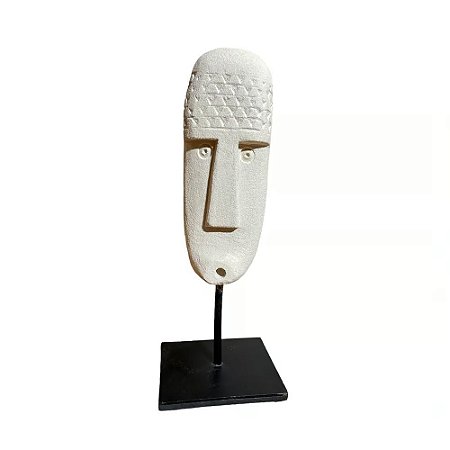 ESCULTURA DECORATIVA MINI MASCARA ETNICA IMPORTADA OBI PEDRA NATURAL BRANCA COM SUPORTE A27CM