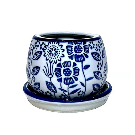 CACHEPOT PORCELANA AZUL E BRANCA FLORATA D15XA12CM