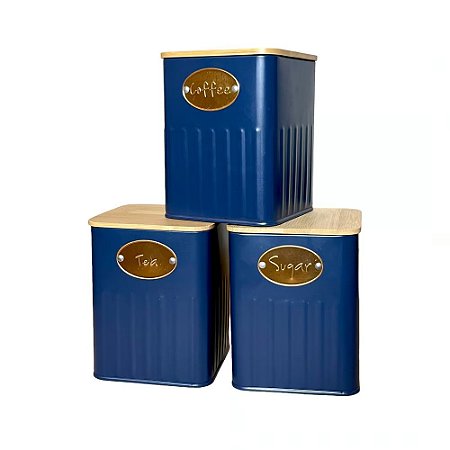 CONJUNTO COM 3 POTES EM FERRO AZUL COM MADEIRA