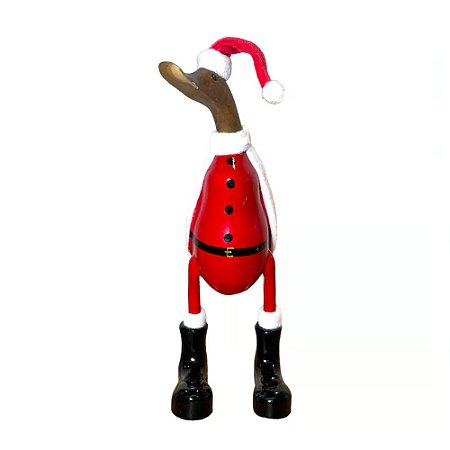 ESCULTURA PATO NATALINO COM CHAPEU MADEIRA NATURAL E VERMELHO 35CM