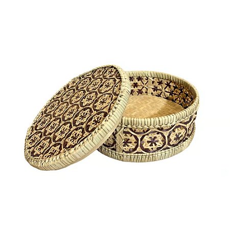 CAIXA BALI TRAMA BAMBU NATURAL E MARROM COM TAMPA D25CM
