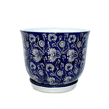 CACHEPOT PORCELANA AZUL E BRANCA DENTE DE LEAO D18XA18CM