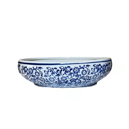 CENTRO DE MESA PORCELANA AZUL E BRANCA RENDA FLORAL D25XA07CM