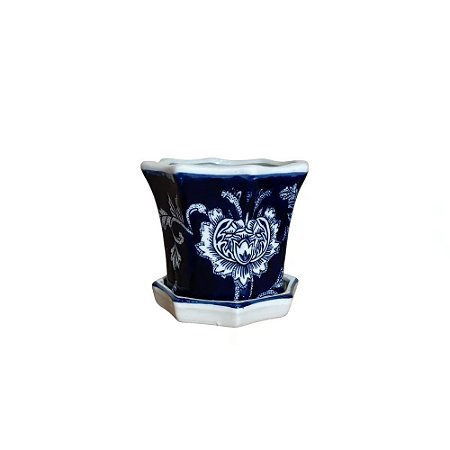 CACHEPOT PORCELANA AZUL E BRANCA JARDIM HEXAGONAL D14XA13CM