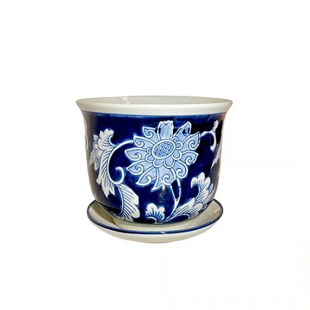 CACHEPOT PORCELANA AZUL E BRANCA VENTO DE OUTONO D14XA12CM