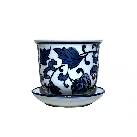 CACHEPOT PORCELANA AZUL E BRANCA BOTANICA ENCANTADA D14XA12CM