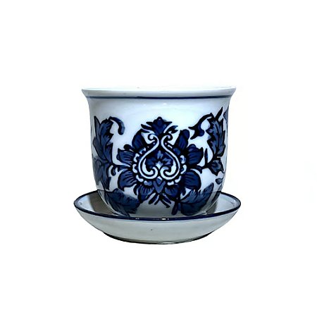 CACHEPOT PORCELANA AZUL E BRANCA FLORAL NOBRE D15XA12CM 2