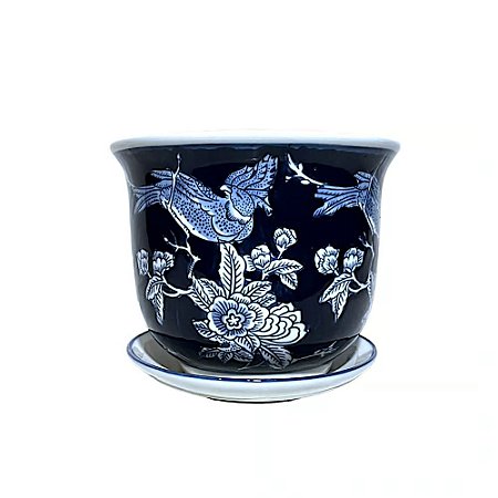 CACHEPOT EM PORCELANA AZUL E BRANCA JARDIM ENCANTADO D14XA12CM
