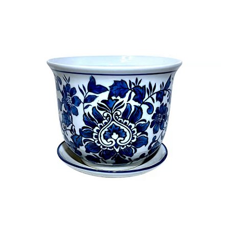 CACHEPOT PORCELANA AZUL E BRANCA MEDALHA FLORAL D15XA12CM