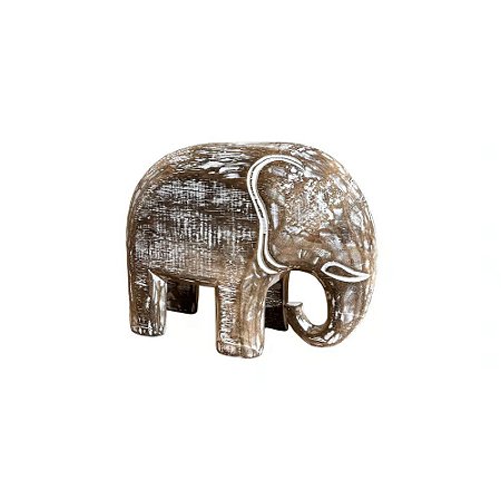 ESCULTURA ELEFANTE DECORATIVO EM MADEIRA WHITEWASH A20CM