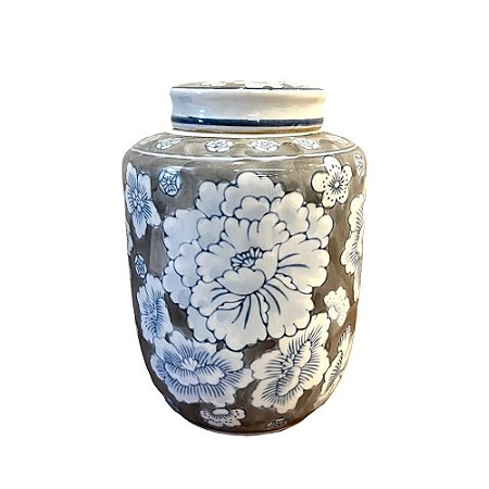 POTE EM PORCELANA AZUL E CINZA COM TAMPA D12XA17CM