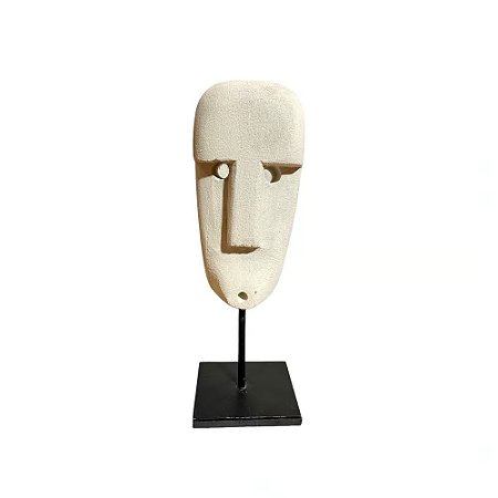 ESCULTURA DECORATIVA MINI MASCARA ETINICA IMPORTADA PUTRI PEDRA NATURAL BRANCA COM SUPORTE A18CM