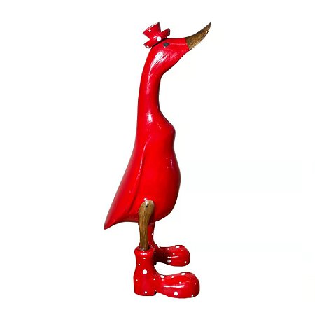 ESCULTURA PATO POA COM CHAPEU MADEIRA NATURAL E VERMELHO 42CM