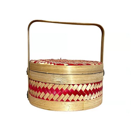 CAIXA BALI TRAMA BAMBU NATURAL E VERMELHO COM ALCA D20CM