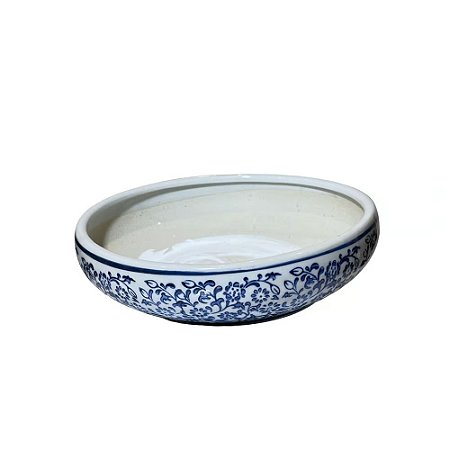 CENTRO DE MESA PORCELANA AZUL E BRANCA RENDA FLORAL D22XA06CM