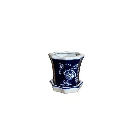 CACHEPOT PORCELANA AZUL E BRANCA JARDIM HEXAGONAL D09XA09CM