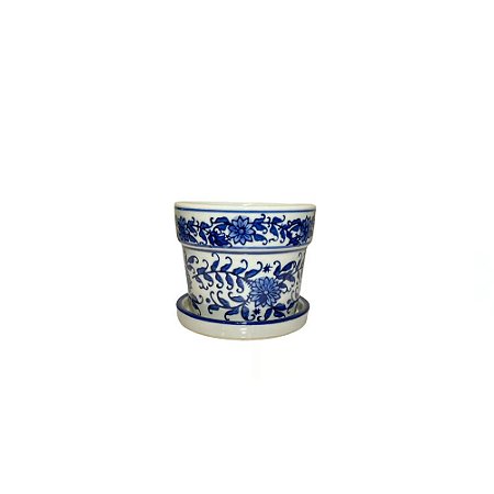 CACHEPOT PORCELANA AZUL E BRANCA RAMO FLORAL D11XA09CM