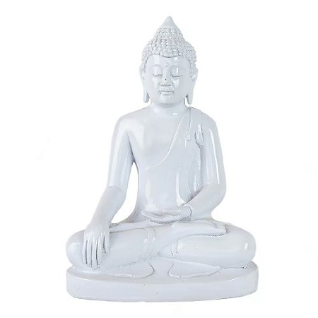 ESCULTURA BUDA RESINA MEDITACAO BRANCO BRILHANTE