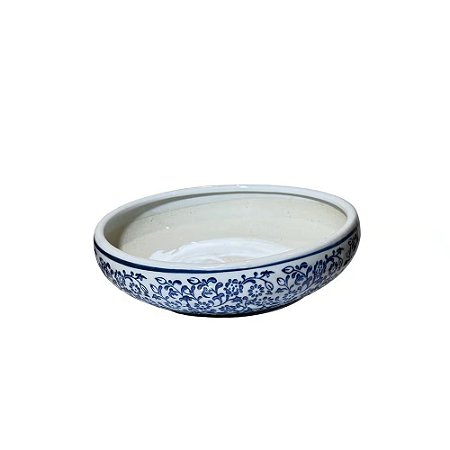 CENTRO DE MESA PORCELANA AZUL E BRANCA RENDA FLORAL D19XA05CM