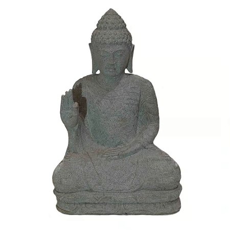ESCULTURA BUDA BALI EM PEDRA CLARA RENDADA A60CM