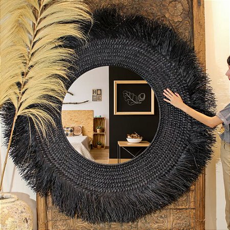 ESPELHO BOHO BALI KERTHA PRETO EM FIBRA NATURAL G D150CM