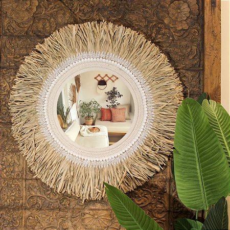 ESPELHO BOHO BALI CONCHAS EM FIBRA NATURAL D80CM