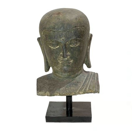 ESCULTURA BUSTO BUDA CARECA EM PEDRA COM SUPORTE A55CM