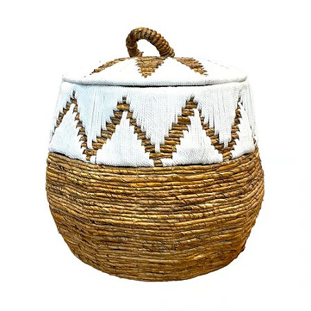 CESTA DECORATIVA FIBRA BALI REDONDO BRANCO E NATURAL COM TAMPA