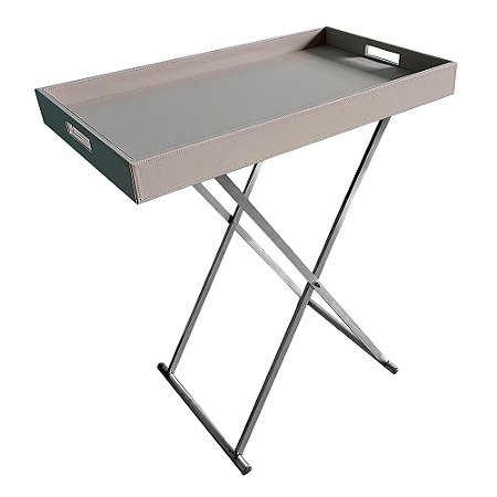 MESA REVESTIDO COM PU E ARMACAO EM METAL CINZA E PRATEADO 76CM X 45CM