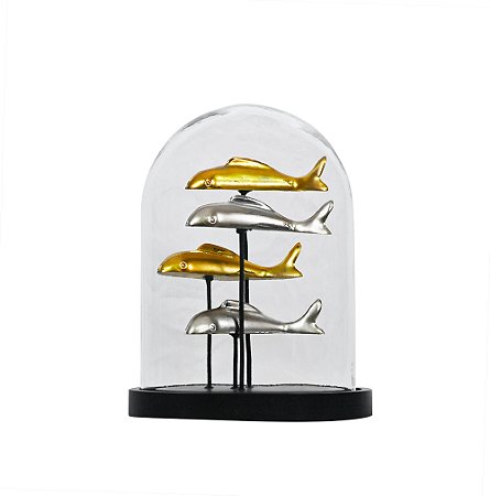 PECA DECORATIVA PEIXES RESINA DOURADO CUPULA VIDRO TRANSP BASE MADEIRA