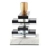 CASTICAL DE METAL, VIDRO E MARMORE PRETO, TRANSPARENTE, DOURADO E BRANCO