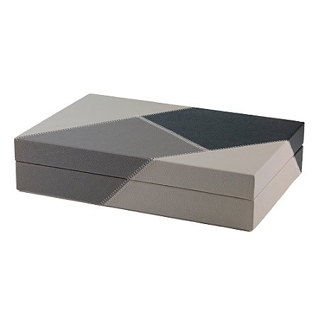 CAIXA DECORATIVA EM MADEIRA E REVESTIDO EM PU PRETO/CINZA CHUMBO/CINZA 34CM X 22