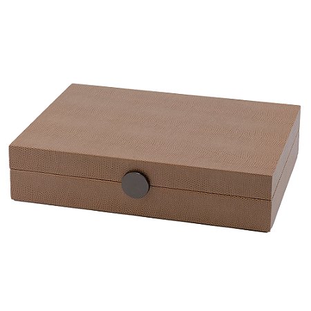 CAIXA DECORATIVA EM MADEIRA E REVESTIDO EM PU MARROM 33CM X 22CM X 8CM