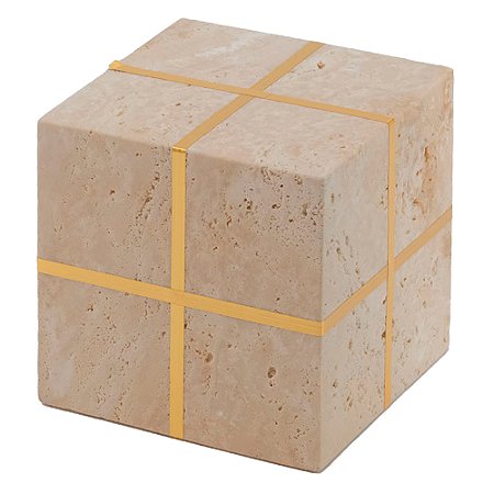 PECA DECORATIVA EM PEDRA - CUBO - CREME E DOURADO - 11X11X11CM