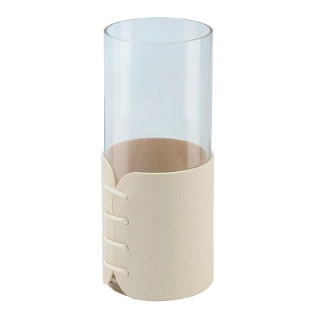 VASO DECORATIVO EM VIDRO E PU TRANSPARENTE E CREME 10,3CM X 10,3CM X 19,8CM