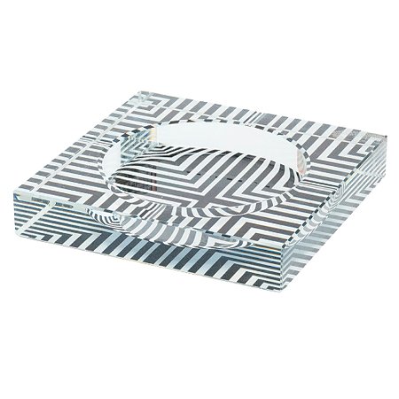 PECA DECORATIVA EM VIDRO CINZEIRO TRANSPARENTE E PRETO XADREZ 18CM X 18CM X 3,5C