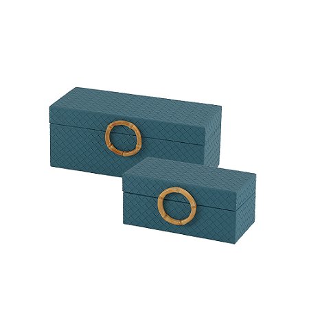 CJ DE CAIXAS DECORATIVAS EM MADEIRA REVESTIDA EM COURO SINTETICO AZUL 2PCS