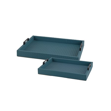 CJ DE BANDEJAS EM MADEIRA REVISTIDA EM COURO SINTETICO AZUL E PRETO 2PCS
