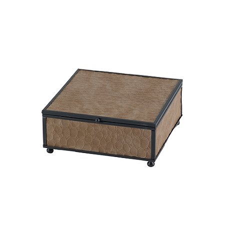 CAIXA DECORATIVA EM METAL E COURO SINTETICO PRETO E MARROM