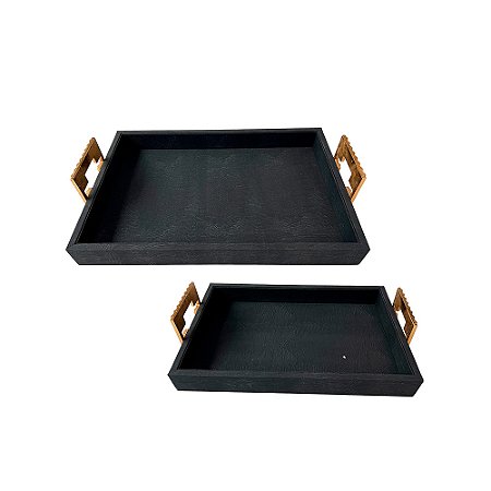 CJ DE BANDEJAS EM COURO SINTETICO PRETO ALCA DOURADA 2PCS
