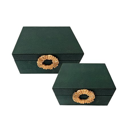 CJ DE CAIXAS DECORATIVAS EM COURO SINTETICO VERDE DETALHE DOURADO 2PCS