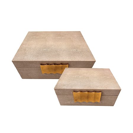 CJ DE CAIXAS DECORATIVAS EM COURO SINTETICO BEGE DETALHE DOURADO 2PCS