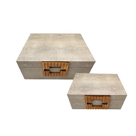 CJ DE CAIXAS DECORATIVAS EM COURO SINTETICO BEGE DETALHE DOURADO 2PCS