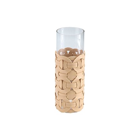 VASO DECORATICO EM VIDRO COM COURO SINTETICO BEGE