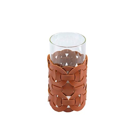 VASO DECORATICO EM VIDRO COM COURO SINTETICO MARROM