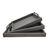 CONJ DE BANDEJAS DE COURO SINTETICO CINZA E PRETO 3 PCS